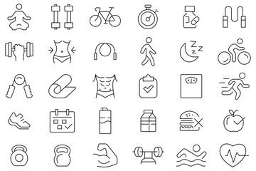 Fitness and gym icon vector set. Set of icon healthy lifestyle, weight training, body care, exercise, workout, strength, physical activity, proper nutrition, yoga and more. Vector illustration.