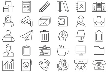 Office and workspace icon vector set. Icon for  employee, schedule, business, computer, laptop, briefcase, desk, cctv, meeting, table lamp, coffee, co-worker symbol and more. Vector illustration.