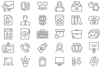 Workspace and office icon vector set. Icon for  employee, schedule, business, identity card, computer, laptop, briefcase, desk, meeting, pan Diep, co-worker symbol and more. Vector illustration.