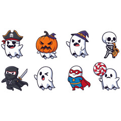Adorable Halloween Ghosts Character Set: Cute Cartoon Spirits Wearing Witch Hats, Hoods, Bat Costumes, and Holding Jack-O'-Lanterns for Spooky-Sweet Holiday Design Assets