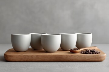 Minimalistic arrangement of ceramic cups and coffee beans on wooden tray