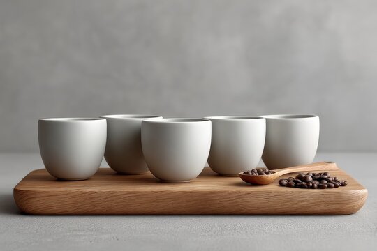 Minimalistic arrangement of ceramic cups and coffee beans on wooden tray