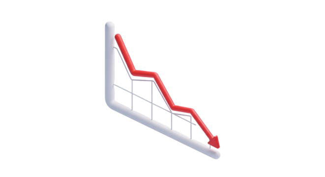 3d icon of isometric illustration of a graph showing a downward trend with a red arrow, isolated on transparent background