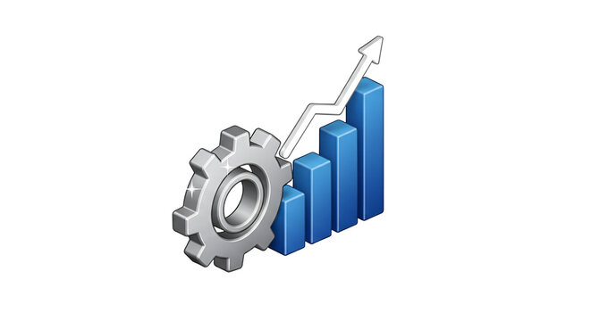 3d icon of isometric illustration of a gear and a bar graph showing an upward trend, isolated on transparent background