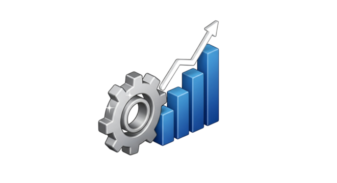 3d icon of isometric illustration of a gear and a bar graph showing an upward trend, isolated on transparent background - Powered by Adobe