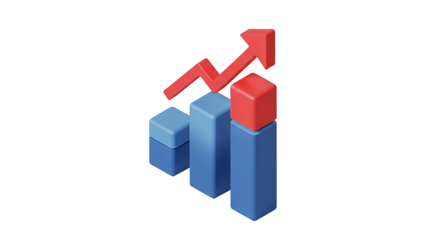 3d icon of isometric bar chart showing growth with a red arrow isolated on transparent background business and finance concept