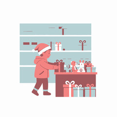 Child in Santa Hat Choosing Christmas Gifts at a Store.