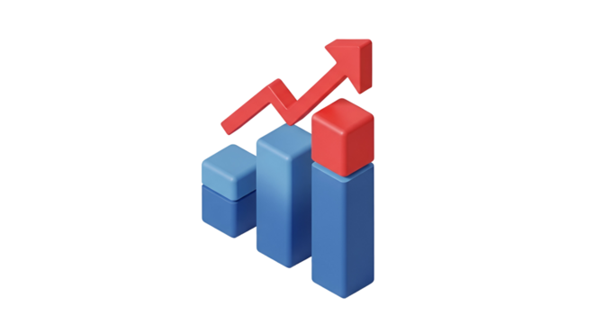 3d icon of isometric bar chart showing growth with a red arrow isolated on transparent background business and finance concept