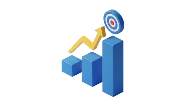 3d icon of isometric bar chart showing growth with a yellow arrow and target isolated on transparent background business concept