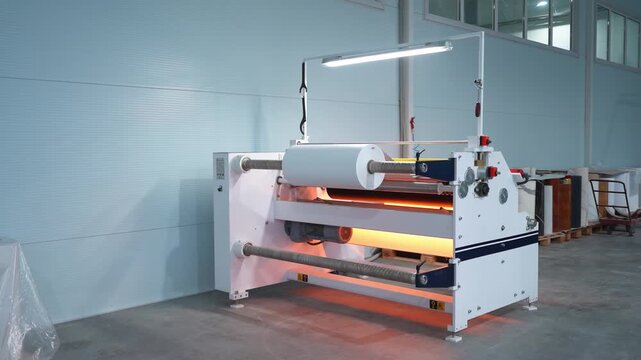 Hot press with plastic foil roll prepares material for window sills lamination in workshop. Automatic equipment processes PVC film at modern factory