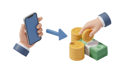 3d icon of isometric illustration of online money transfer with mobile phone isolated on transparent background for digital payment