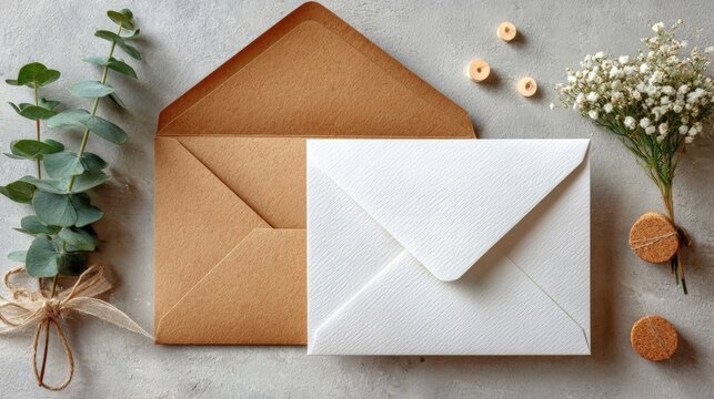 Rustic wedding invitations with eucalyptus and baby's breath on gray background - Powered by Adobe