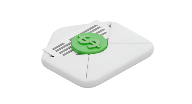 3d icon of white envelope with green dollar coin isolated on transparent background, symbolizing financial correspondence and transactions