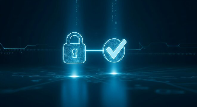 Cybersecurity protection concept illustration showing a secure padlock icon and a check mark on a dark blue futuristic technology background.