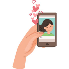 Hand holding a smartphone displaying a woman profile picture with hearts floating up from the screen representing love or likes on a social media platform