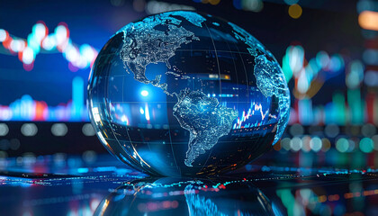 Global Market in Focus: The image captures a glass globe reflecting the complexities of the global financial market, with charts and data visualization adding depth and intrigue.