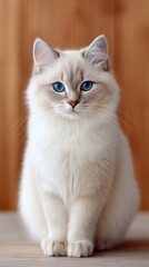 Fluffy White Cat with Striking Blue Eyes and Frosty Whiskers Sits Against a Warm Wooden Background in a Macro Close-Up Shot