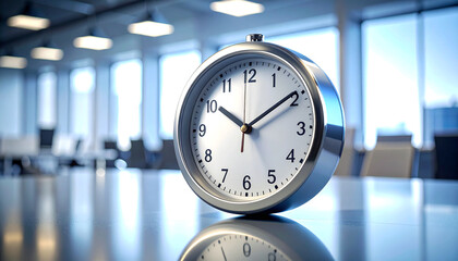 Time's Essence: A close-up shot of a classic clock takes center stage atop a reflective surface, emphasizing the importance of time management and efficiency in a modern work environment.