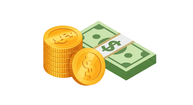 3d icon of stack of coins and dollar bills isolated on transparent background for finance, investment and money concept