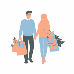 Couple holding hands shopping for Christmas gifts and decorations.