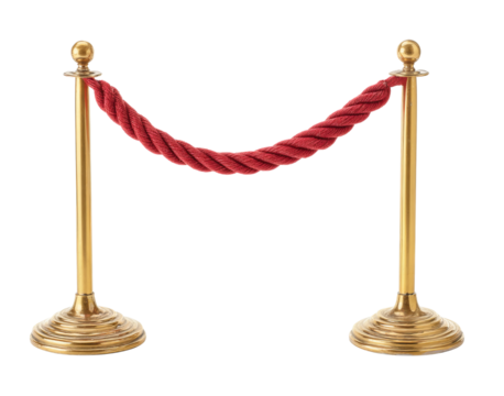 Brass Stanchions with Red Rope Barrier isolated on a transparent background