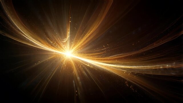 An intense golden burst of light against a dark background. The rays of light appear to radiate outward at high speed, creating curved, flowing lines of light.
