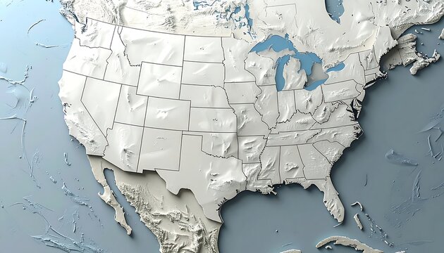 A topographical 3D map of the United States of America