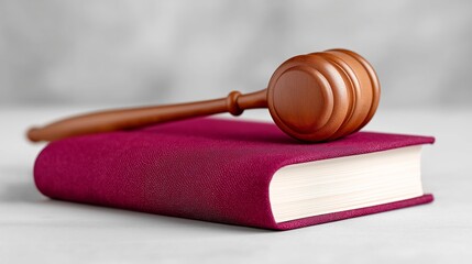 Wooden gavel resting on red book symbolizing justice and law