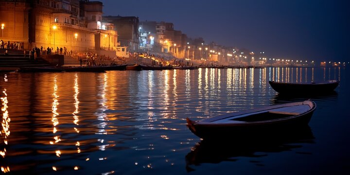 Evening view of varanasi ghats with illuminated reflections on the ganges river