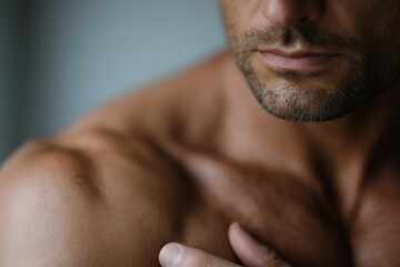 Fototapeta premium Caucasian adult male with stubble touching bare shoulder in close-up