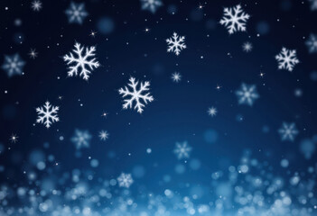 Falling snowflakes against blurred dark blue night sky. Beautiful Christmas and New Year card design background.