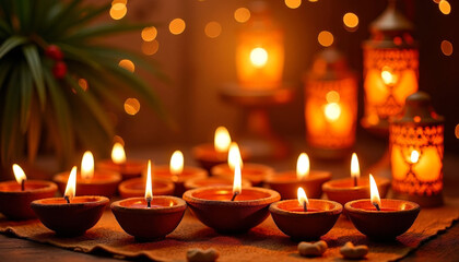 Traditional decoration for Diwali festival using burning candles and lanterns. A magical atmosphere of love and happiness. Copy space.