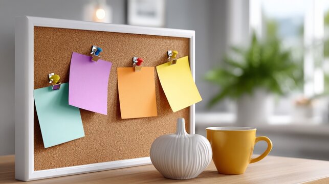 Colorful sticky notes on corkboard with white vase and yellow mug in bright office