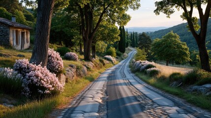 Fototapeta premium Scenic Winding Country Road Through Rolling Hills with Stone Cottage and Lush Green Trees Bathed in Golden Hour Sunlight