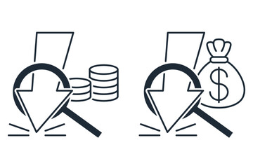 Declining profitability. Falling profits. Sanctions, inflation, crisis, force majeure. Vector linear icons illustrations isolated on white.