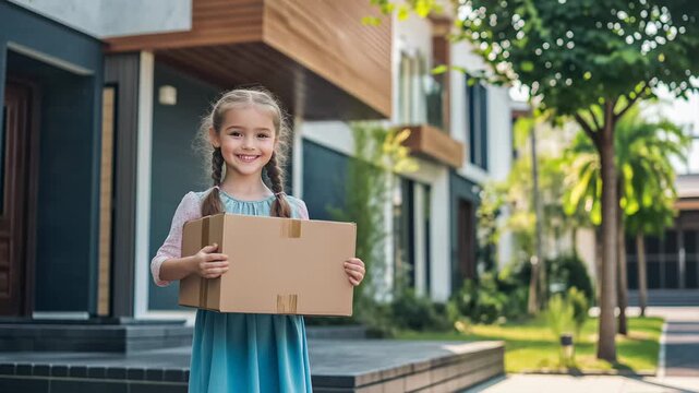 happy little kid hold cardboard box on new home background, house moving and relocation of modern family concept 4k