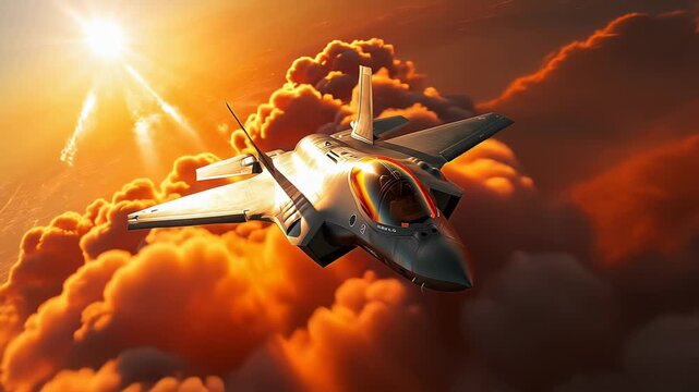 modern advanced f-35 fighter jet flying in sunset sky over clouds, stealth military f-22 plane performing combat flight 4k