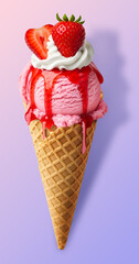 Indulge in summer sweetness with a strawberry ice cream cone dripping with delicious syrup and topped with whipped cream for a refreshing treat today