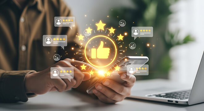 Customer experience concept, man using smartphone with popup five star icon