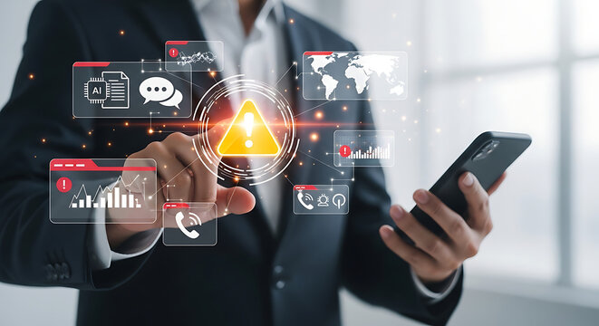 Businessman using smartphone with triangle caution warning icon for notification