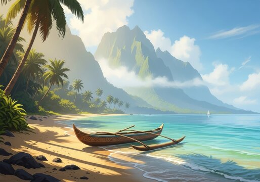 Traditional outrigger canoe on a tropical beach isolated on white background