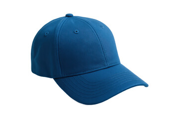 Close-up view of a plain blue baseball cap isolated on a white background. The hat features a curved brim and structured panels, showcasing clean stitching and modern casual style. 