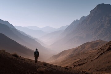 Obraz premium Solitary journey of a male hiker in rugged mountain terrain at dawn