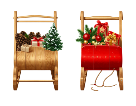 Festive Santa sleigh filled with gifts and ornaments isolated on transparent background