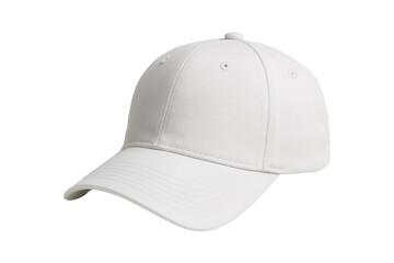 Close-up view of a plain white baseball cap isolated on a white background. The hat features a curved brim and structured panels, showcasing clean stitching and modern casual style. 