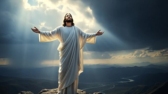 Jesus Christ with outstretched arms inspiring hope under a dramatic cloudy sky