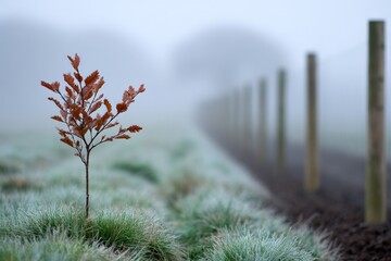 Lonely sapling on frosty foggy morning in countryside field
