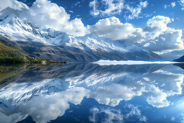 Snow capped mountain range reflected in a calm blue lake under a cloudy sky reflection water