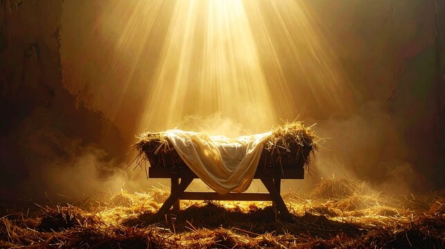 Inside the cave with empty wooden manger. Birth of Jesus Christ.