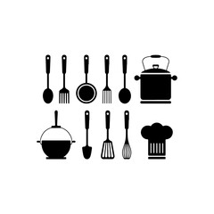 spoon, kitchen, knife, icon, fork, vector, restaurant, tool, cooking, cutlery, set, dinner, silhouette, illustration, black